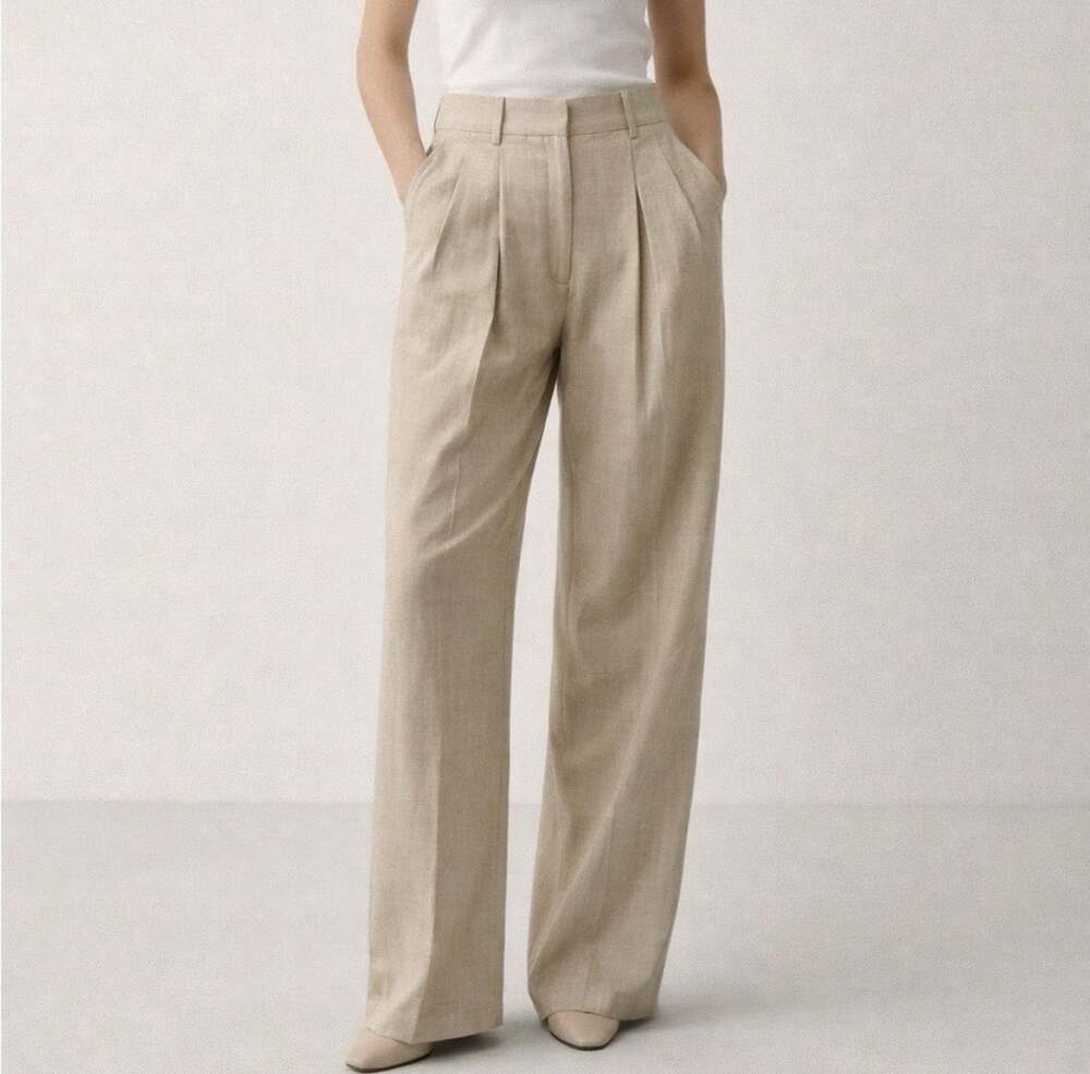 The Frankie Shop Wool Blend Pleated Tailored Trousers Beige Medium